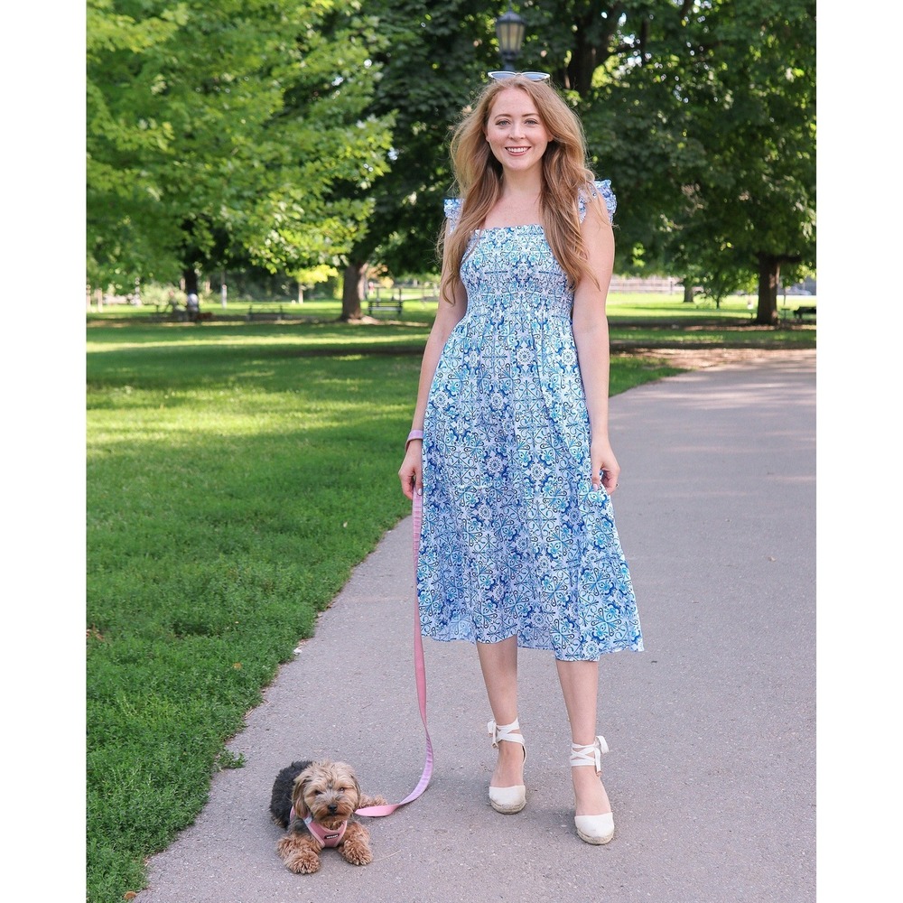 Hill House Home Ellie Nap Dress XXL Blue White Mosaic Tile Smocked Midi Ruffle